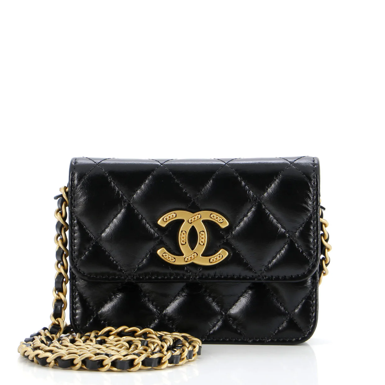 Textured CC Card Holder on Chain Quilted Shiny Calfskin - Deep Luxury