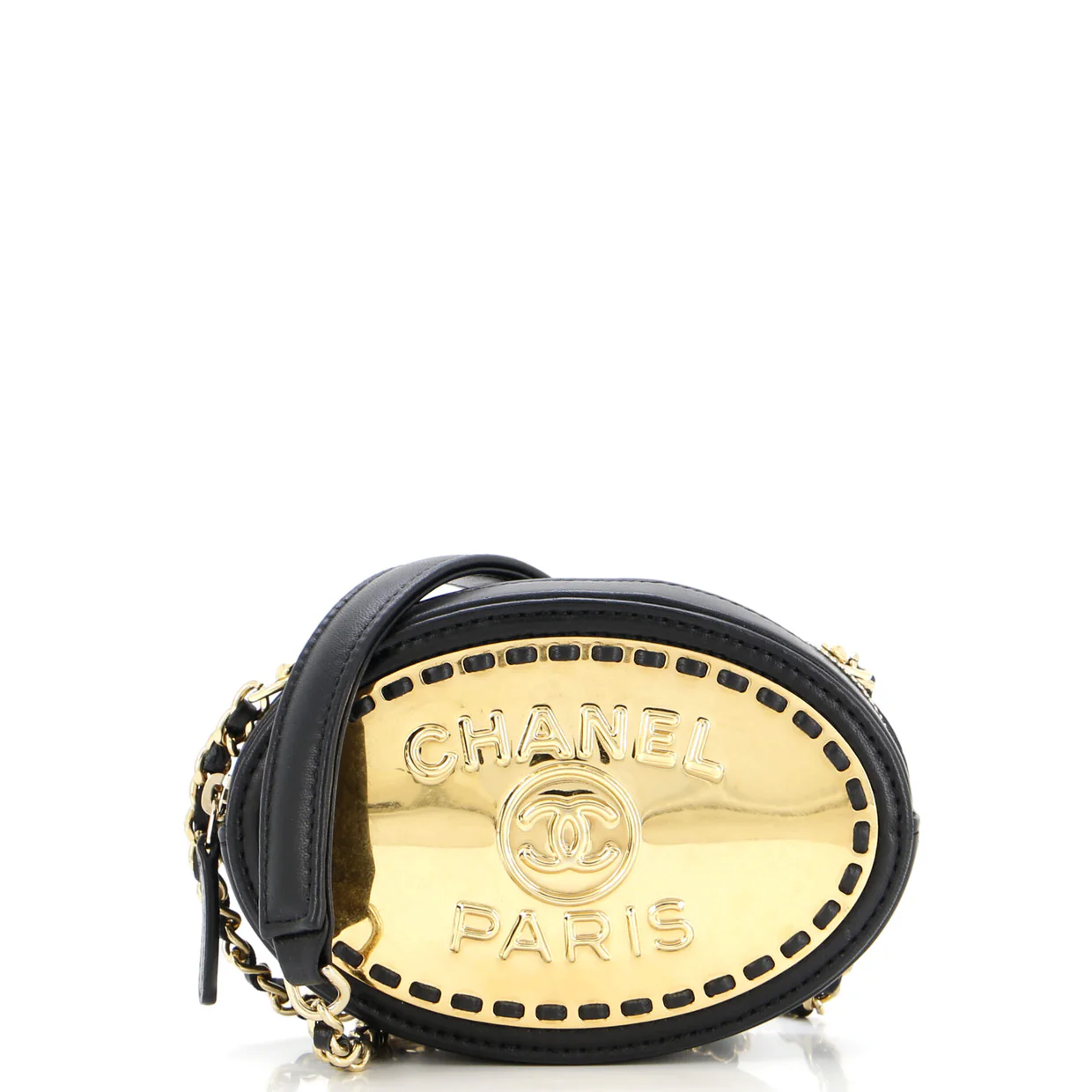 Logo Plate Oval Clutch With Chain Metal and Lambskin - Deep Luxury