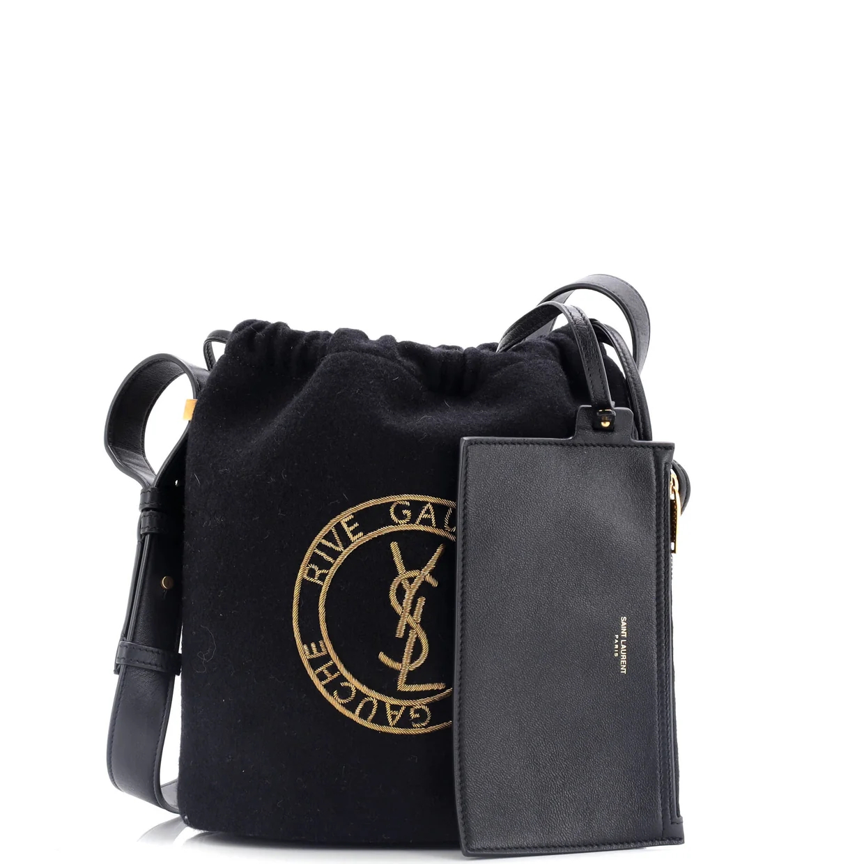 Rive Gauche Drawstring Bucket Bag Embroidered Wool - Deep Luxury