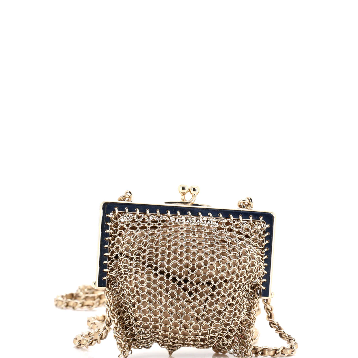 CC Charm Kisslock Frame Clutch with Chain Embellished Metal Mesh Mini - Deep Luxury