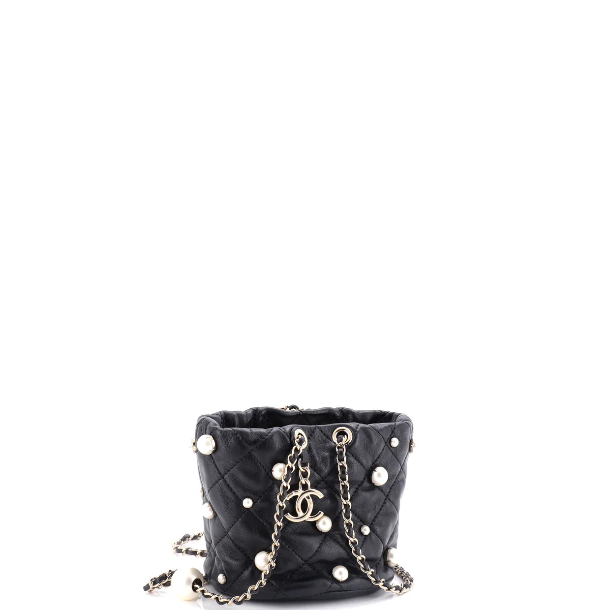 Drawstring Round Bucket Bag Pearl Embellished Quilted Lambskin Mini - Deep Luxury