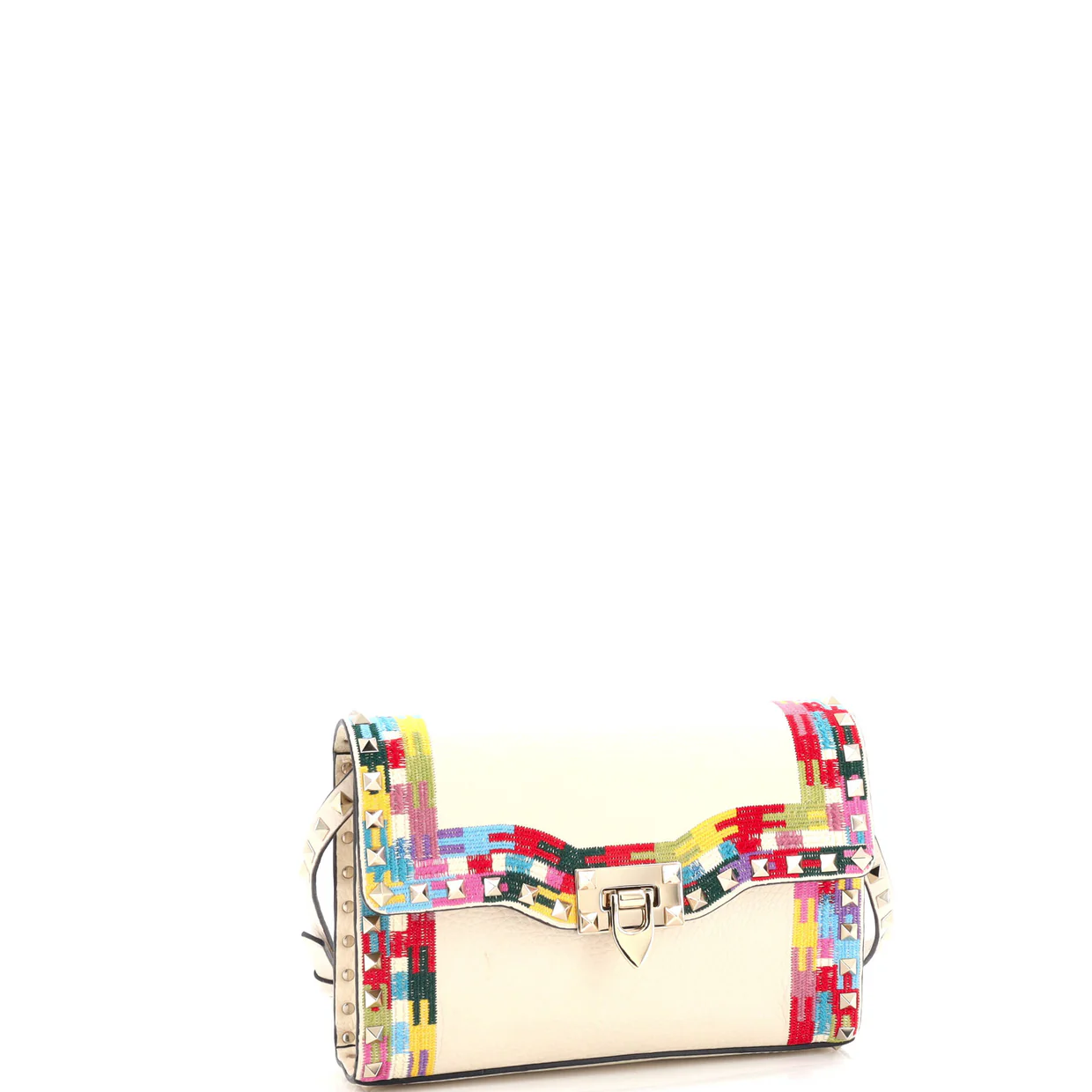Rockstud Flip Lock Flap Bag Embroidered Leather Small - Deep Luxury