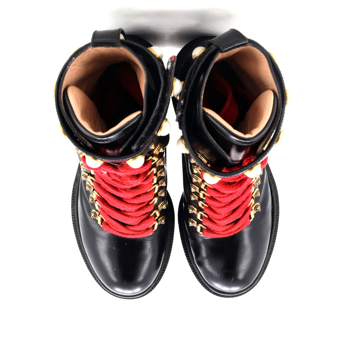 Women's Heeled Lace Up Combat Ankle Boots Leather with Faux Pearls - Deep Luxury