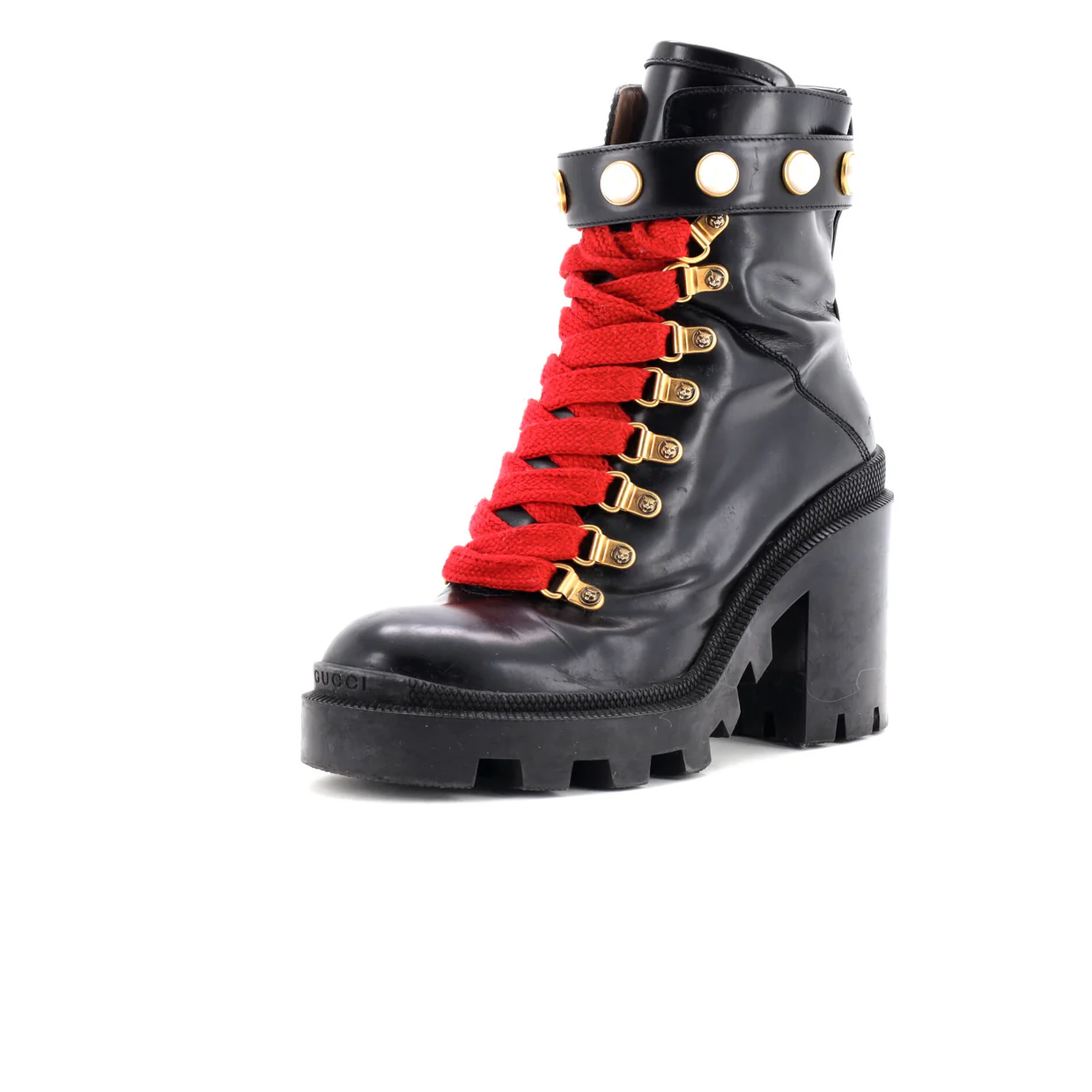 Women's Heeled Lace Up Combat Ankle Boots Leather with Faux Pearls - Deep Luxury