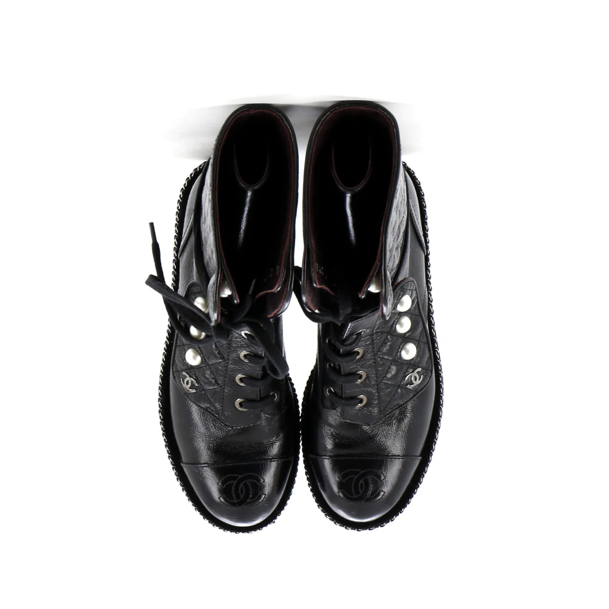 Women's Cap Toe CC Chain Around Pearl Combat Boots Leather - Deep Luxury