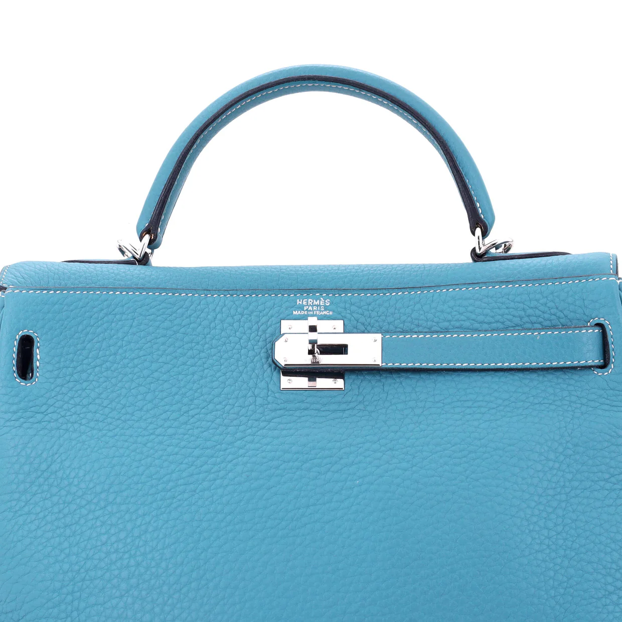 Kelly Handbag Bleu Jean Clemence with Palladium Hardware 32 - Deep Luxury