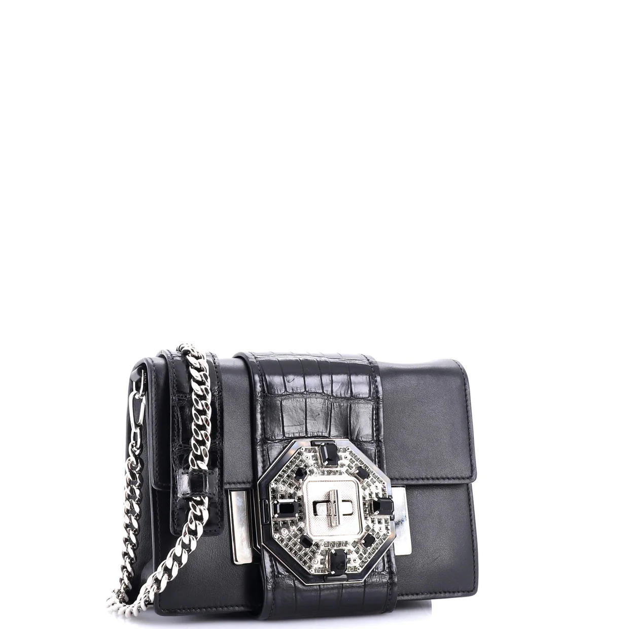 Crystal Ribbon Shoulder Bag City Calf and Crocodile Embossed Leather Small - Deep Luxury