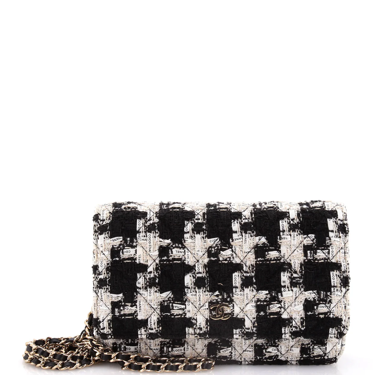 Wallet on Chain Quilted Houndstooth Tweed and Ribbon - Deep Luxury