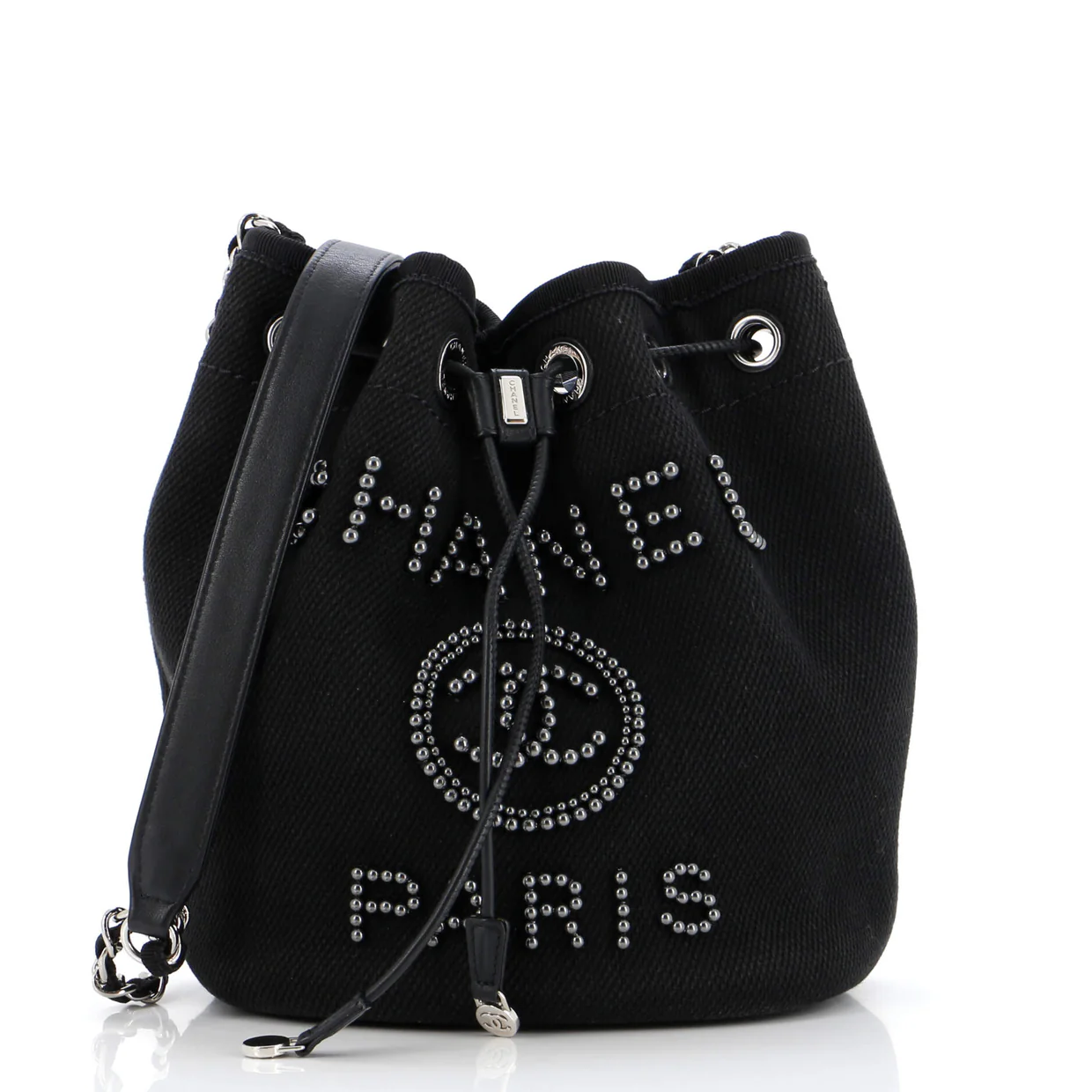 Deauville Drawstring Bucket Bag Pearl Embellished Canvas Small - Deep Luxury