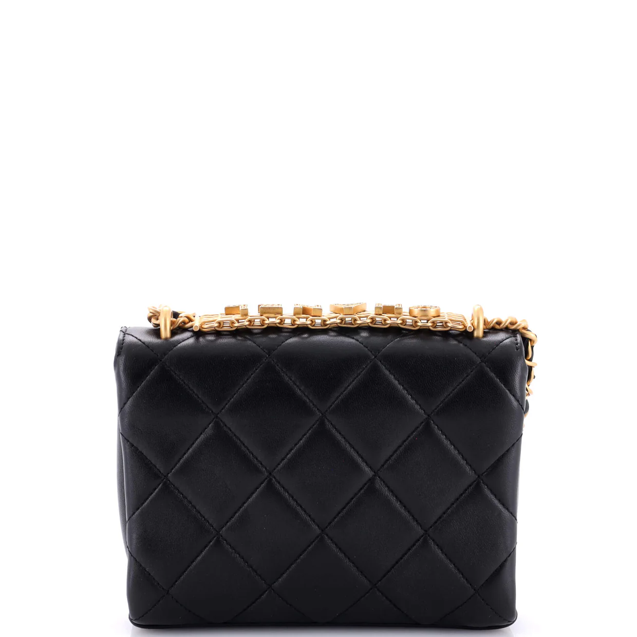 Crystal Logo Letters Chain Handle Flap Bag Quilted Lambskin Mini - Deep Luxury