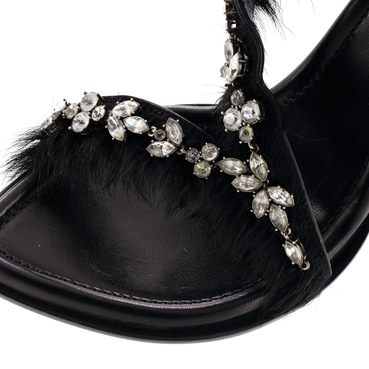 Women's Strap Heeled Sandals Crystal Embellished Satin with Calf Hair - Deep Luxury