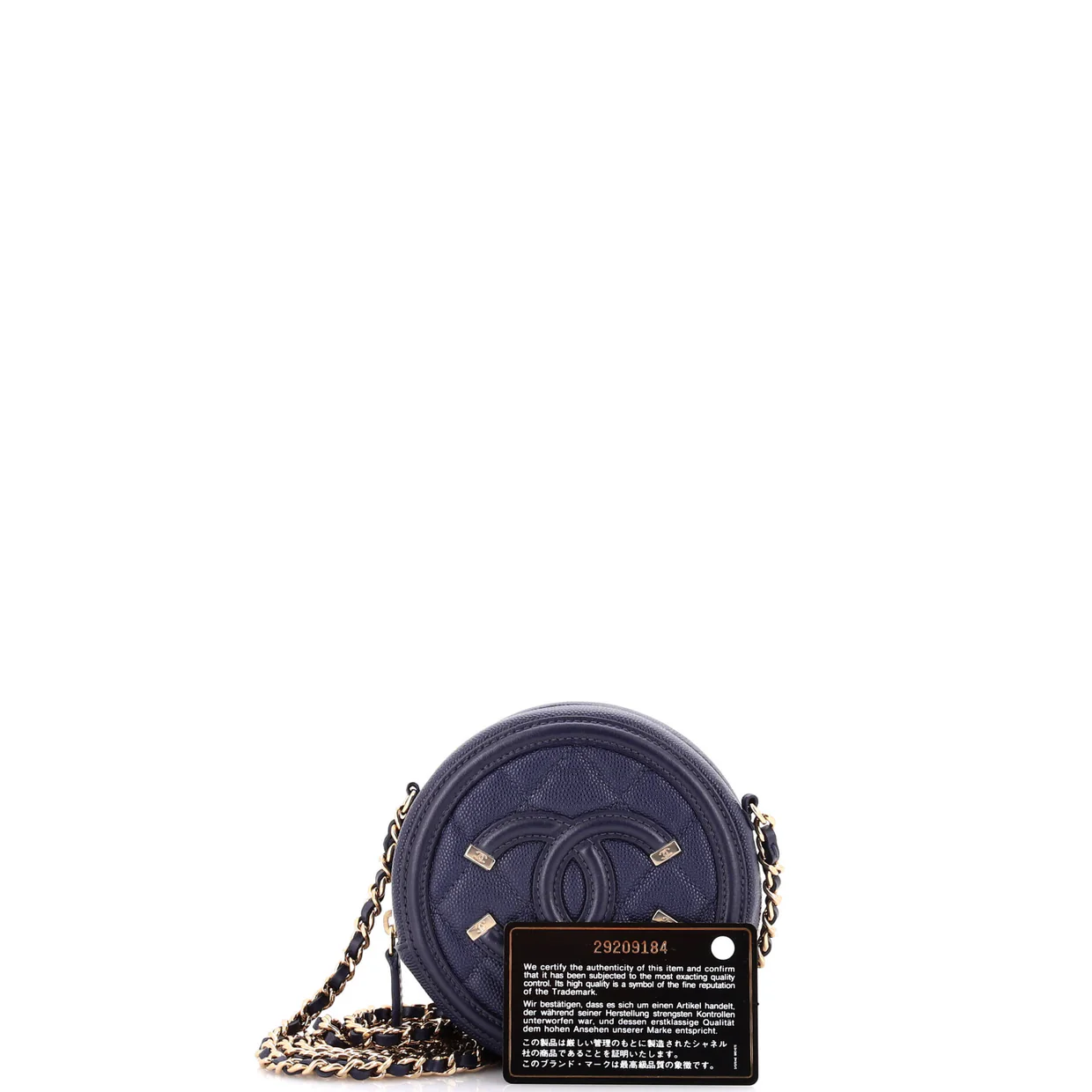 Filigree Round Clutch with Chain Quilted Caviar Mini - Deep Luxury