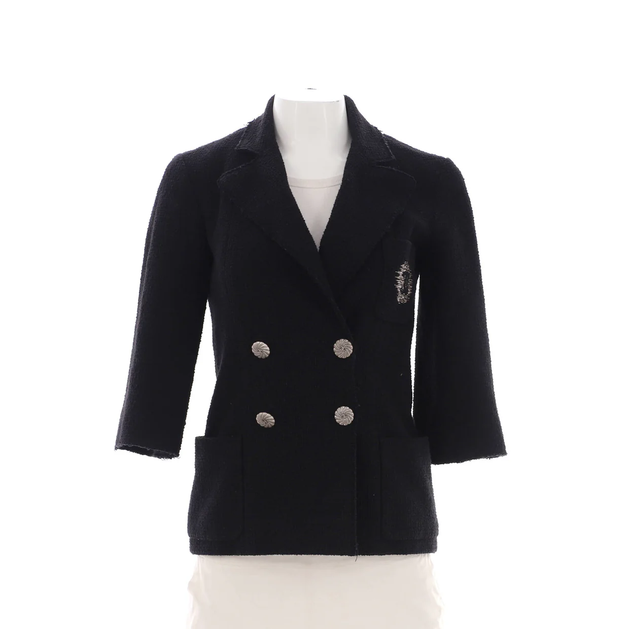 Women's CC Logo Cropped Sleeve Double Breasted Blazer Cotton Tweed - Deep Luxury