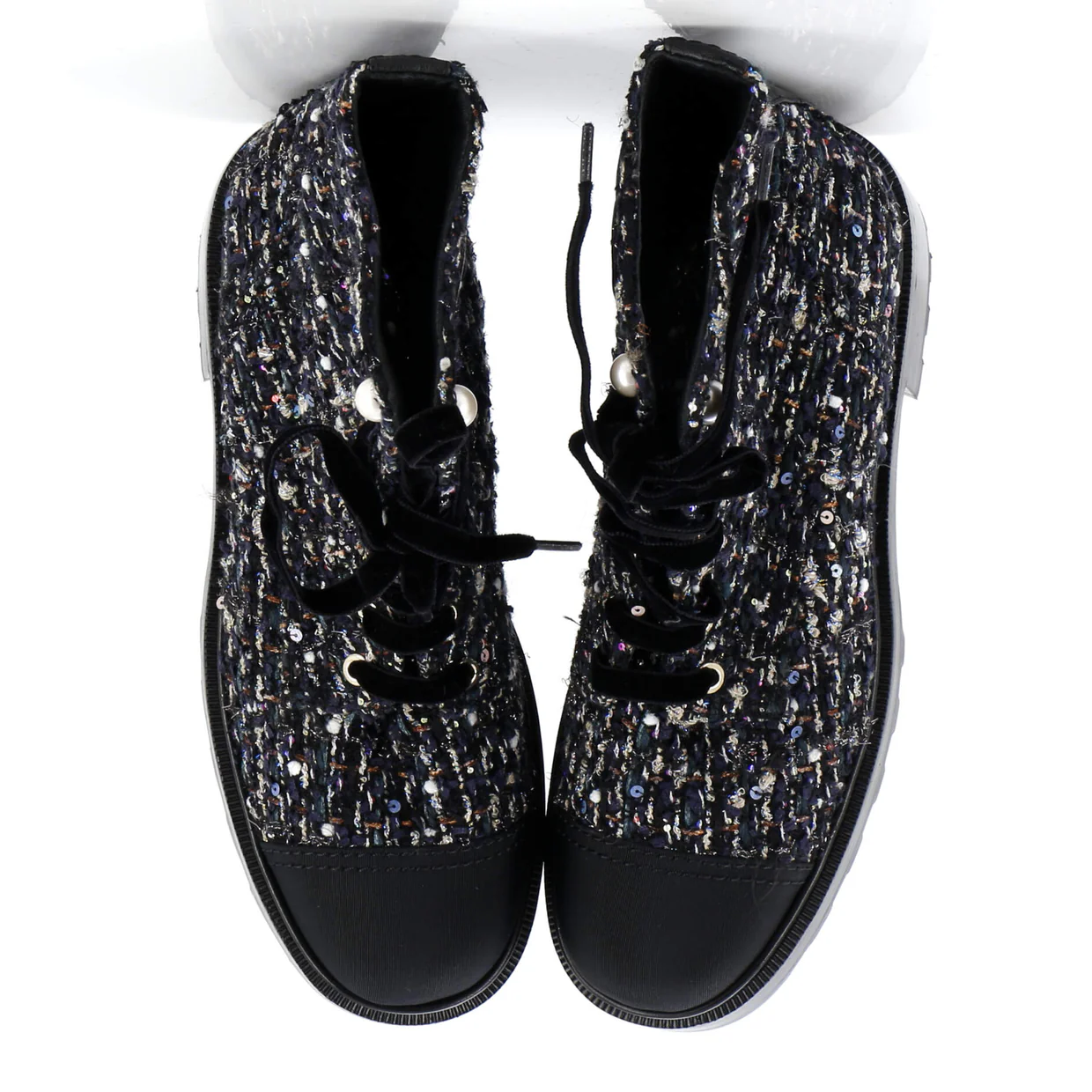 Women's Pearl Cap Toe Lace Up Combat Boots Sequin Embellished Tweed - Deep Luxury