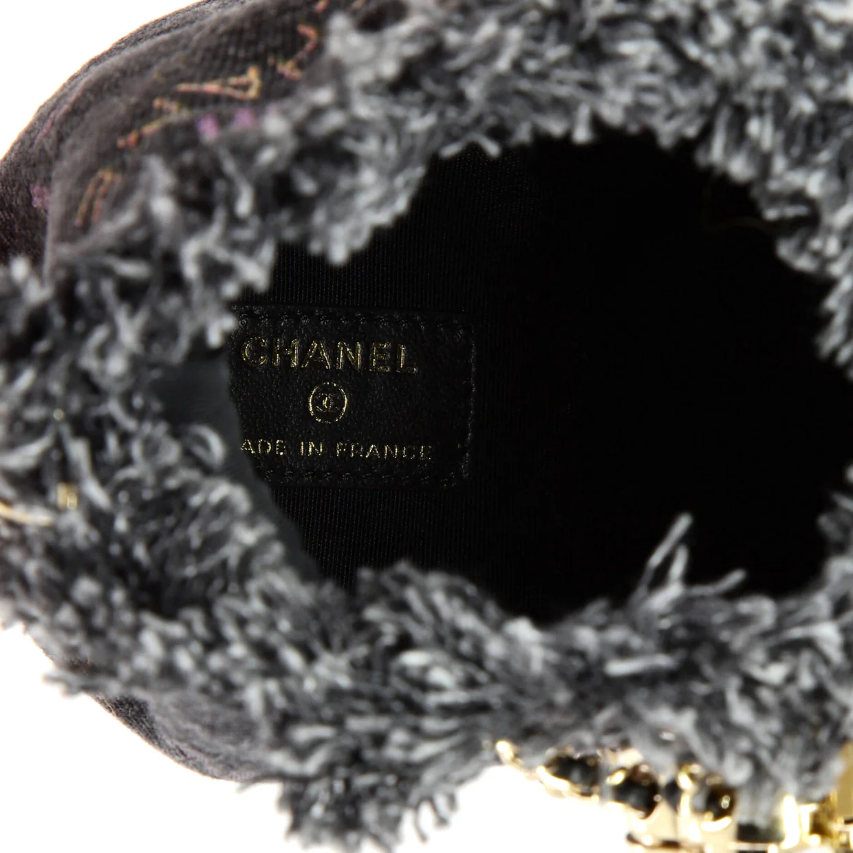 Denim Mood Chain Bucket Bag Logo Printed Quilted Fringe Denim Mini - Deep Luxury