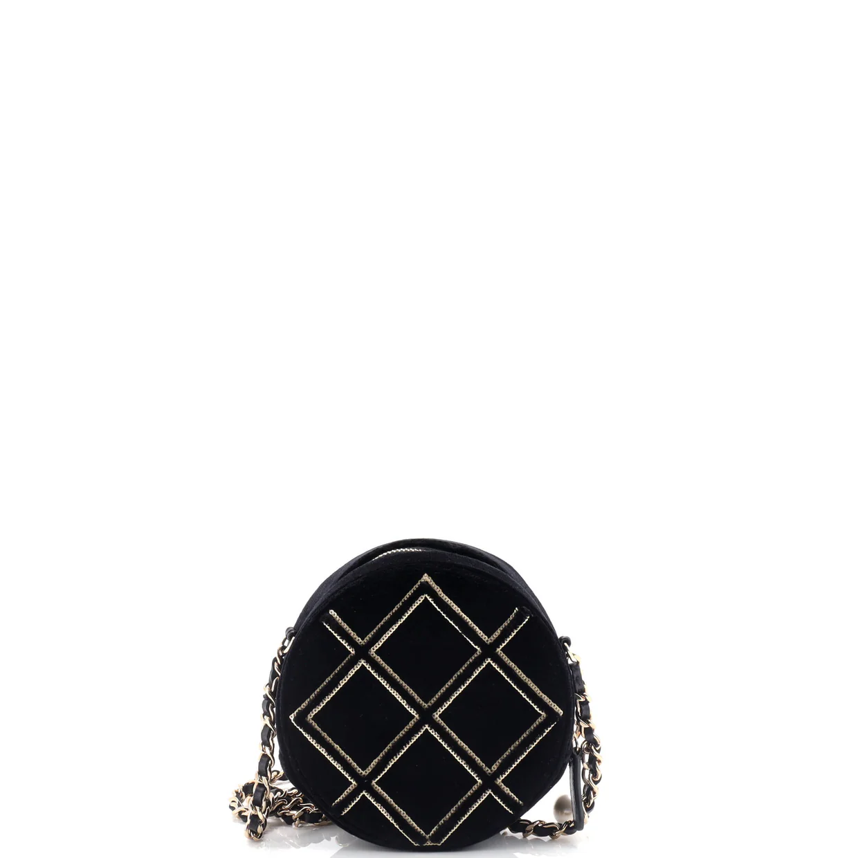 Round Clutch with Chain Quilted Velvet with Sequins - Deep Luxury