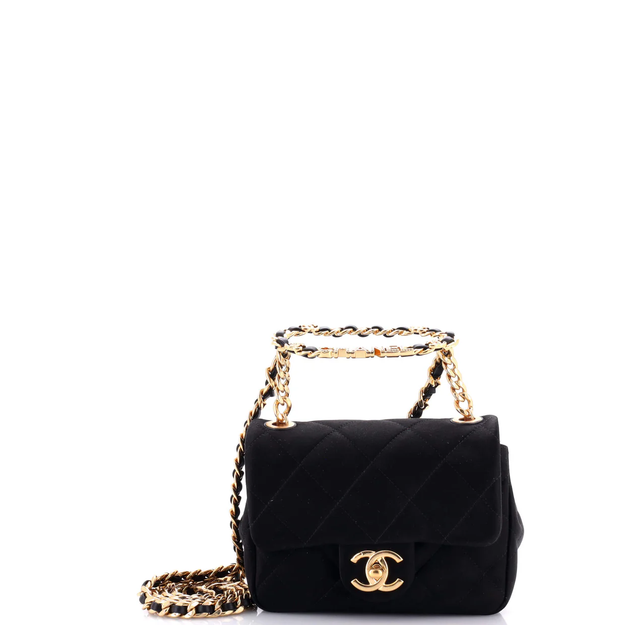 Oval Logo Chain Handle Flap Bag Quilted Satin with Crystals Mini - Deep Luxury