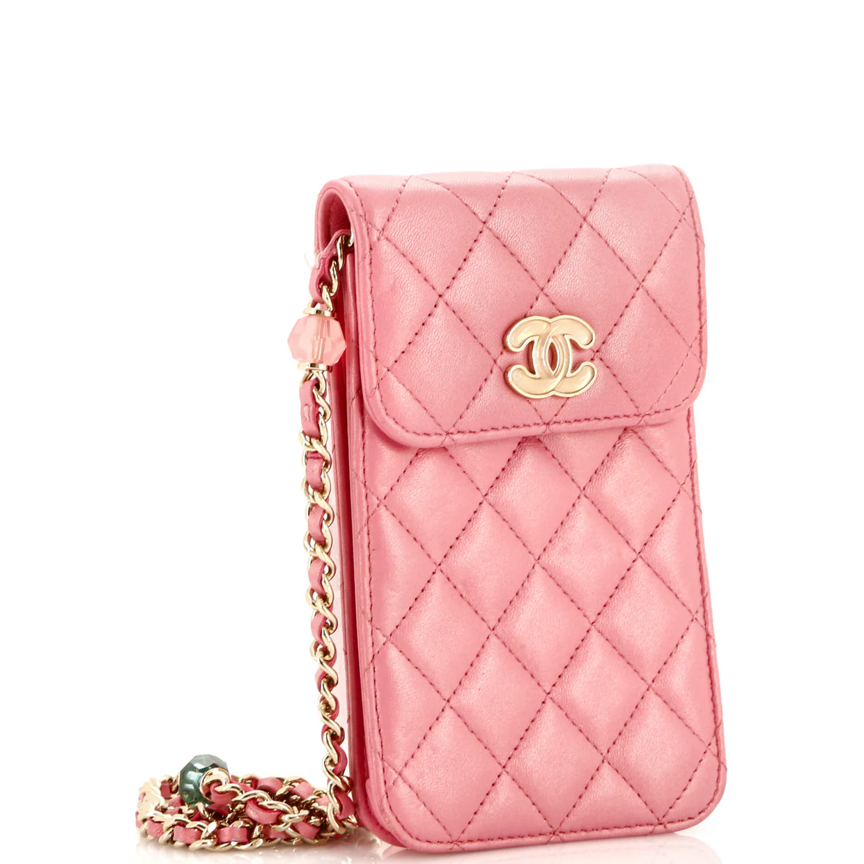 Resin CC Phone Holder with Chain Quilted Lambskin - Deep Luxury