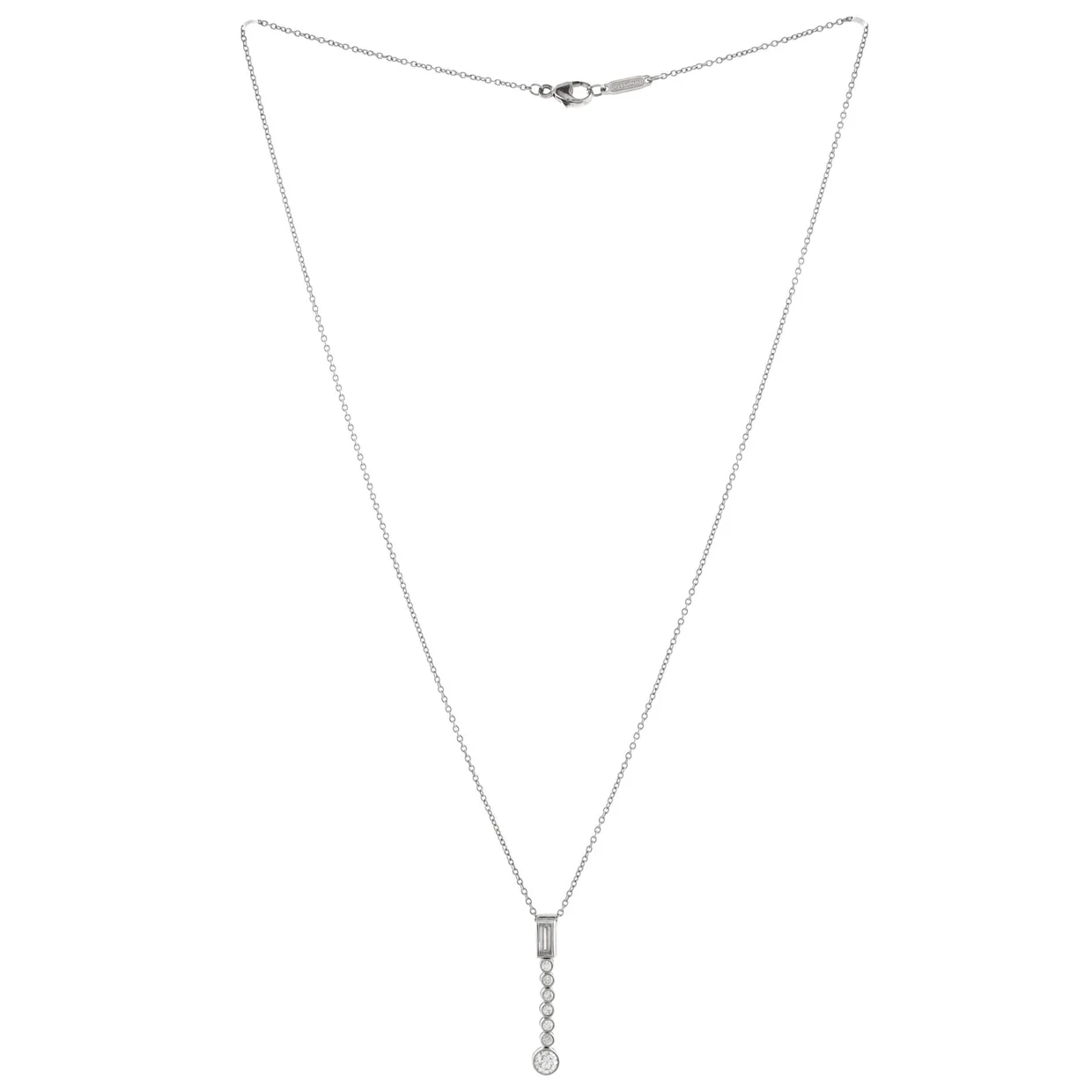 Jazz Drop Pendant Necklace Platinum with One Baguette and Seven Round Diamonds - Deep Luxury