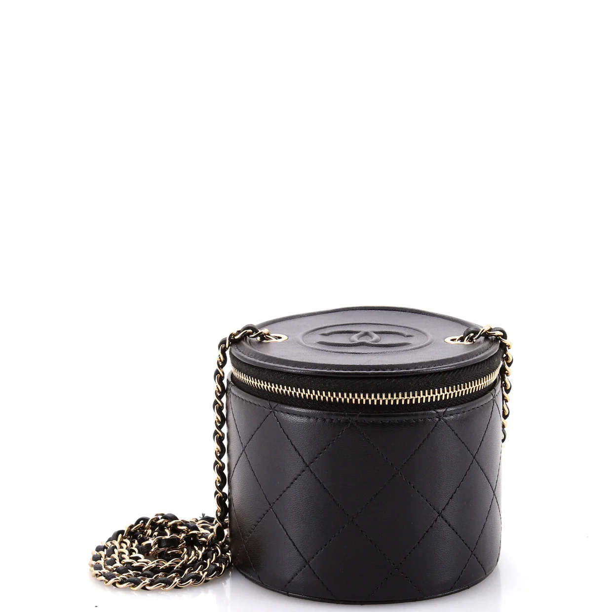 CC Round Vanity Case with Chain Quilted Lambskin Mini - Deep Luxury