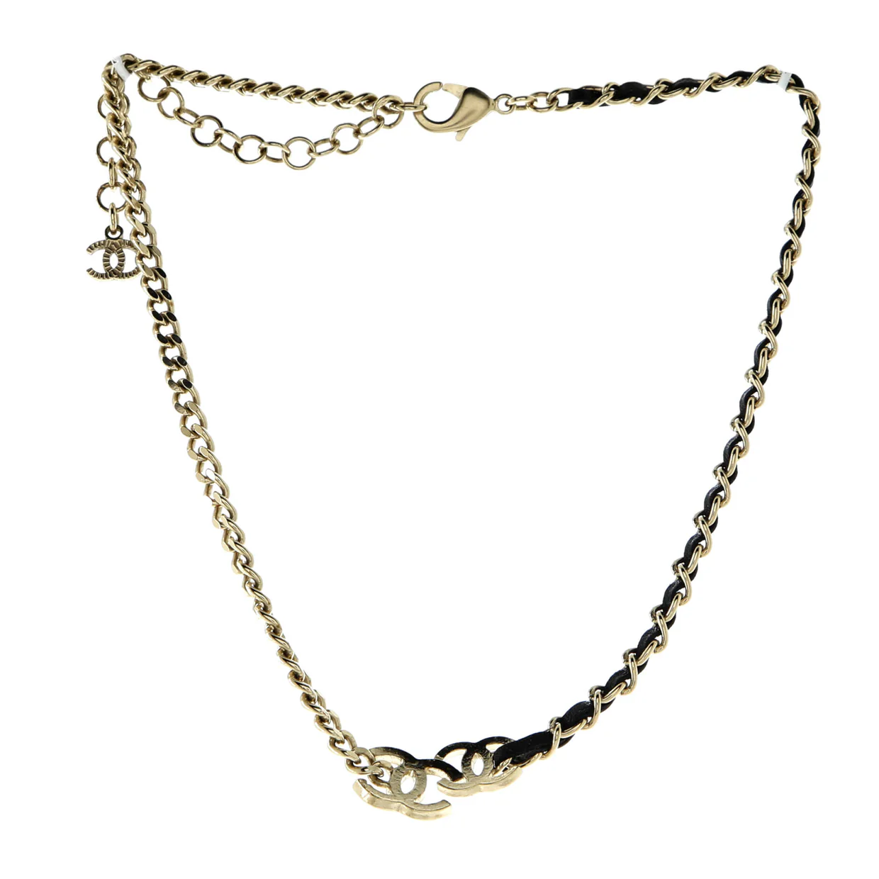 Double CC Chain Choker Necklace Metal with Leather and Crystals - Deep Luxury