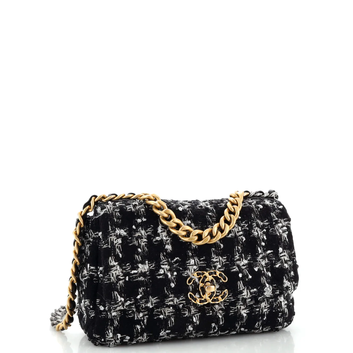 19 Flap Bag Quilted Houndstooth Tweed and Ribbon Medium - Deep Luxury