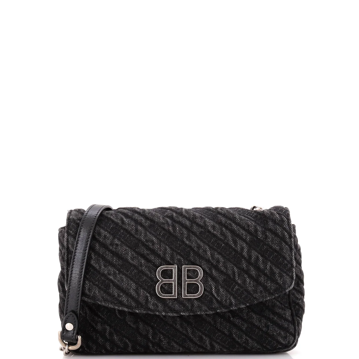 BB Chain Round Shoulder Bag Quilted Embroidered Denim Small - Deep Luxury