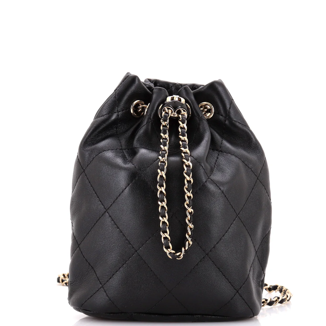 Logo Script Drawstring Chain Backpack Quilted Shiny Lambskin Small - Deep Luxury