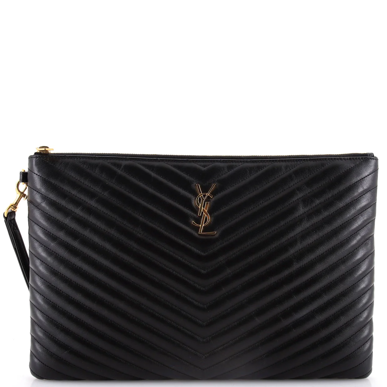 Classic Monogram Wristlet Pouch Matelasse Chevron Leather Large - Deep Luxury