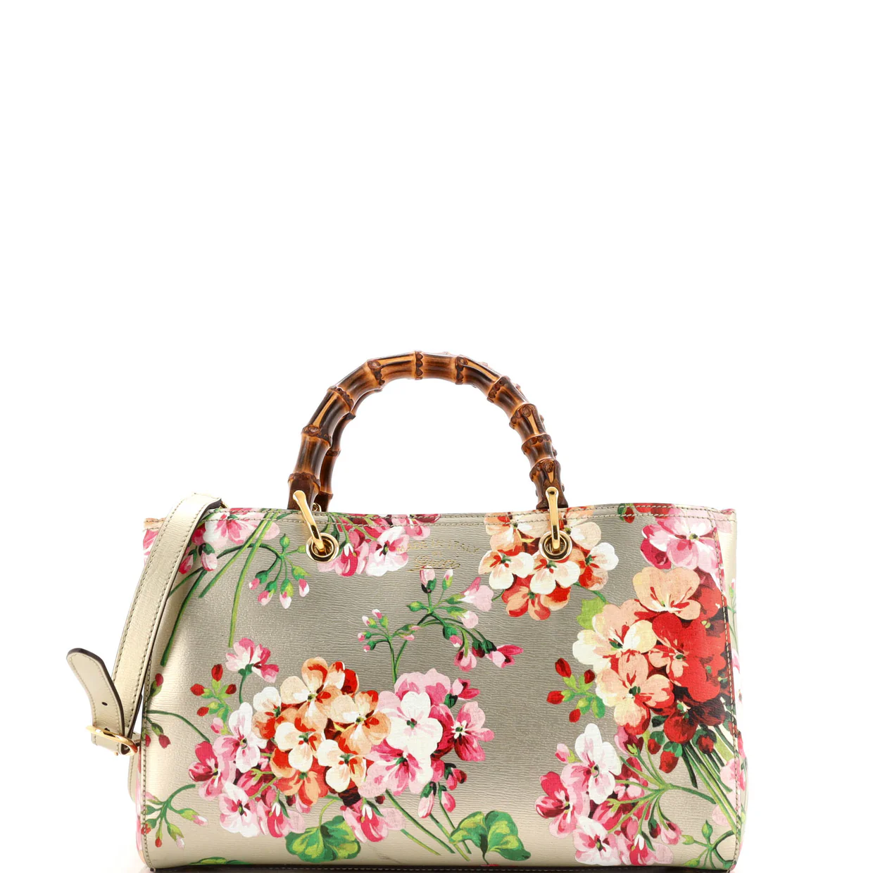 Bamboo Shopper Tote Blooms Print Leather Medium - Deep Luxury