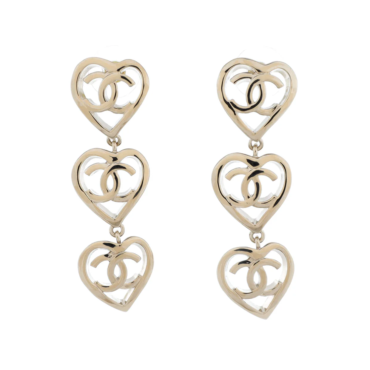Coco In Love Triple Heart CC Drop Earrings Metal - Deep Luxury
