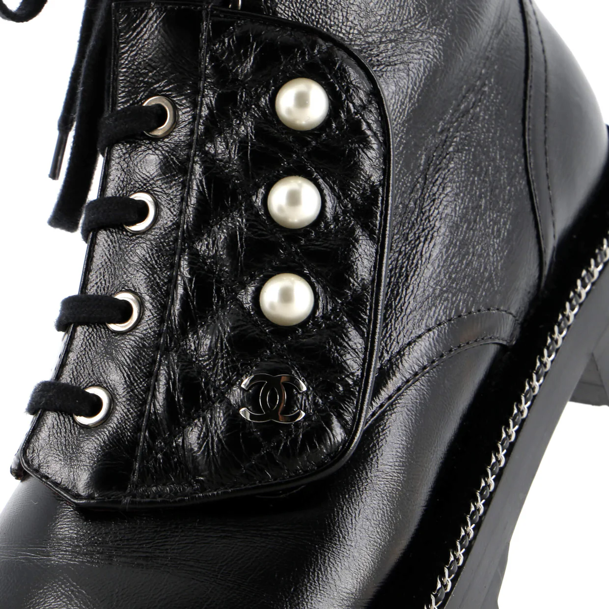 Women's Cap Toe CC Chain Around Pearl Combat Boots Leather - Deep Luxury