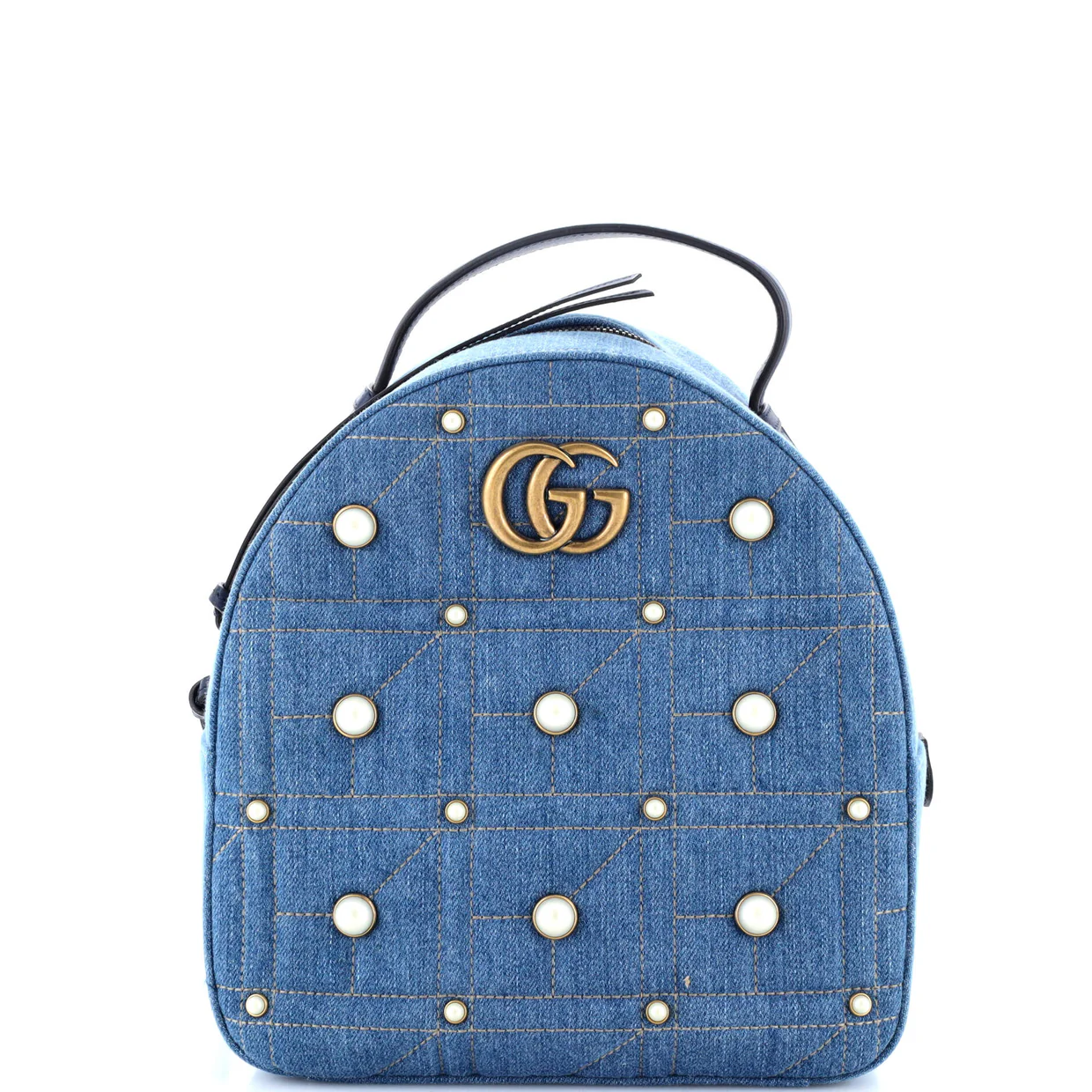 Pearly GG Marmont Backpack Embellished Matelasse Denim Small - Deep Luxury