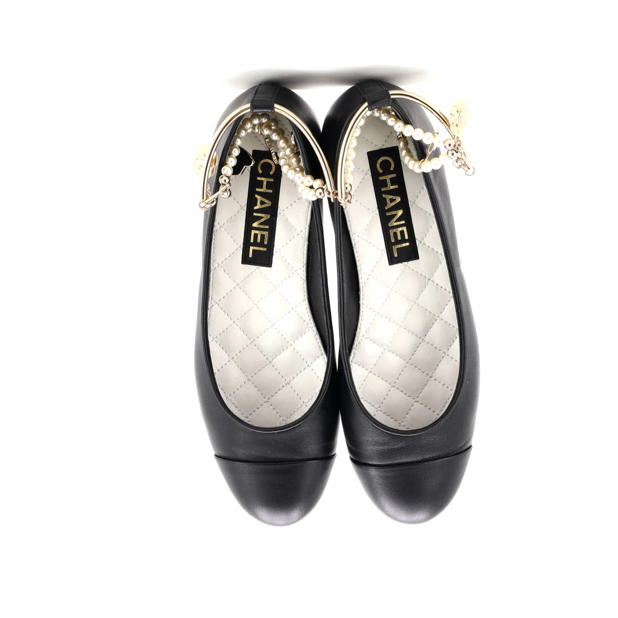 Women's Cap Toe Ankle Chain Ballerina Flats Leather with Faux Pearls - Deep Luxury