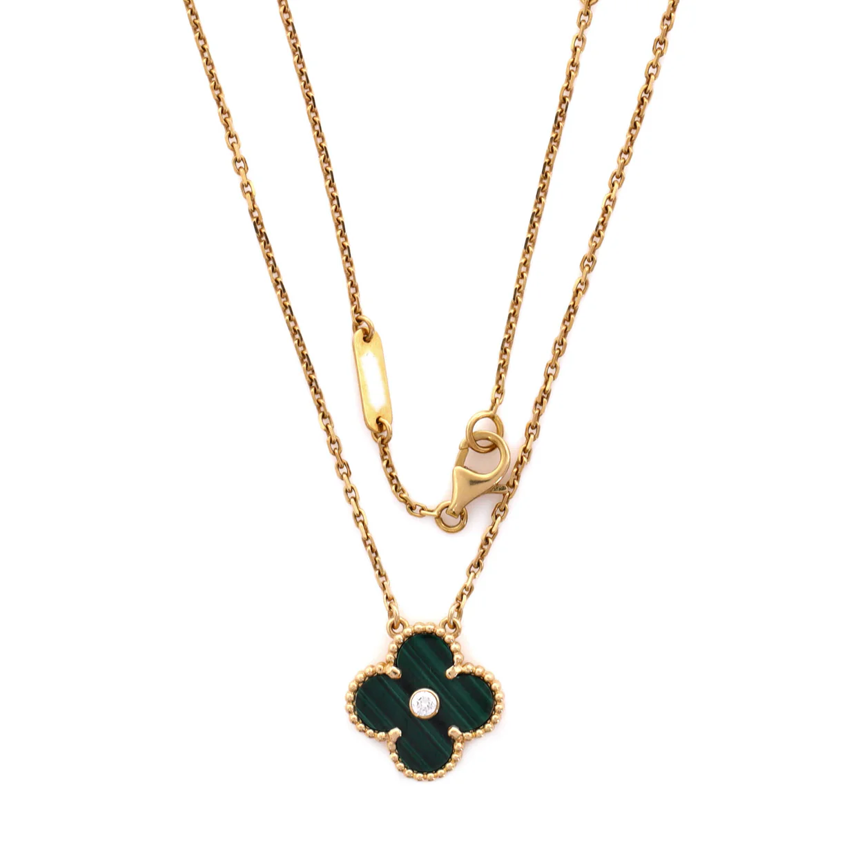 Vintage Alhambra Pendant Necklace 18K Yellow Gold and Malachite with Diamond - Deep Luxury