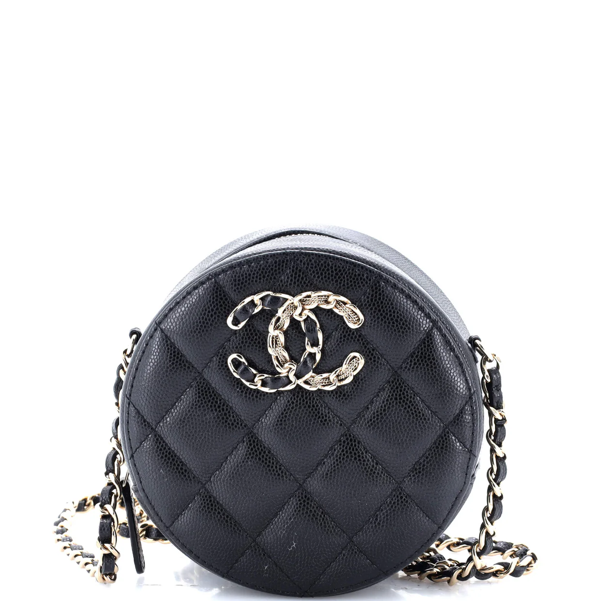 French New Wave Round Clutch with Chain Quilted Caviar - Deep Luxury