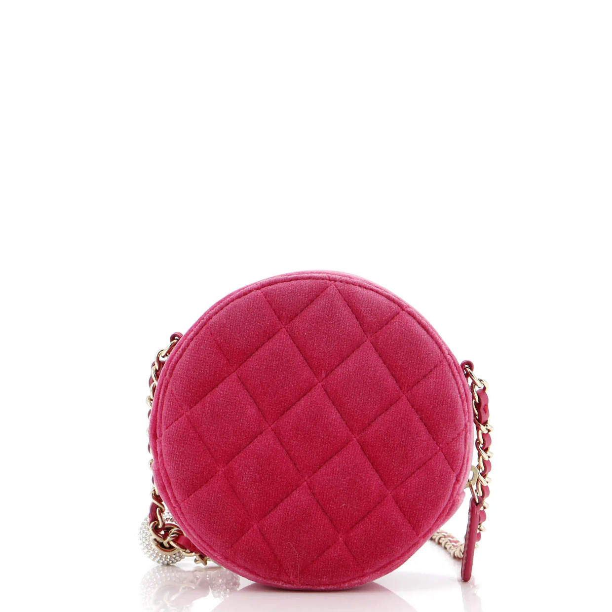 Pearl Crush Round Clutch with Chain Quilted Velvet with Crystal Detail - Deep Luxury