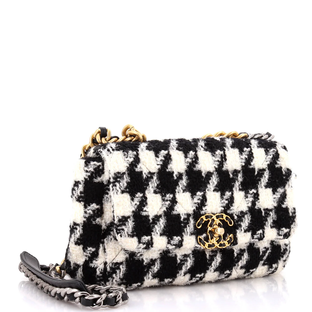 19 Flap Bag Quilted Houndstooth Tweed and Ribbon Medium - Deep Luxury