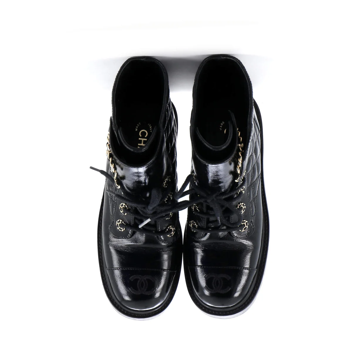 Women's Chain CC Cap Toe Lace Up Combat Boots Quilted Shiny Calfskin - Deep Luxury