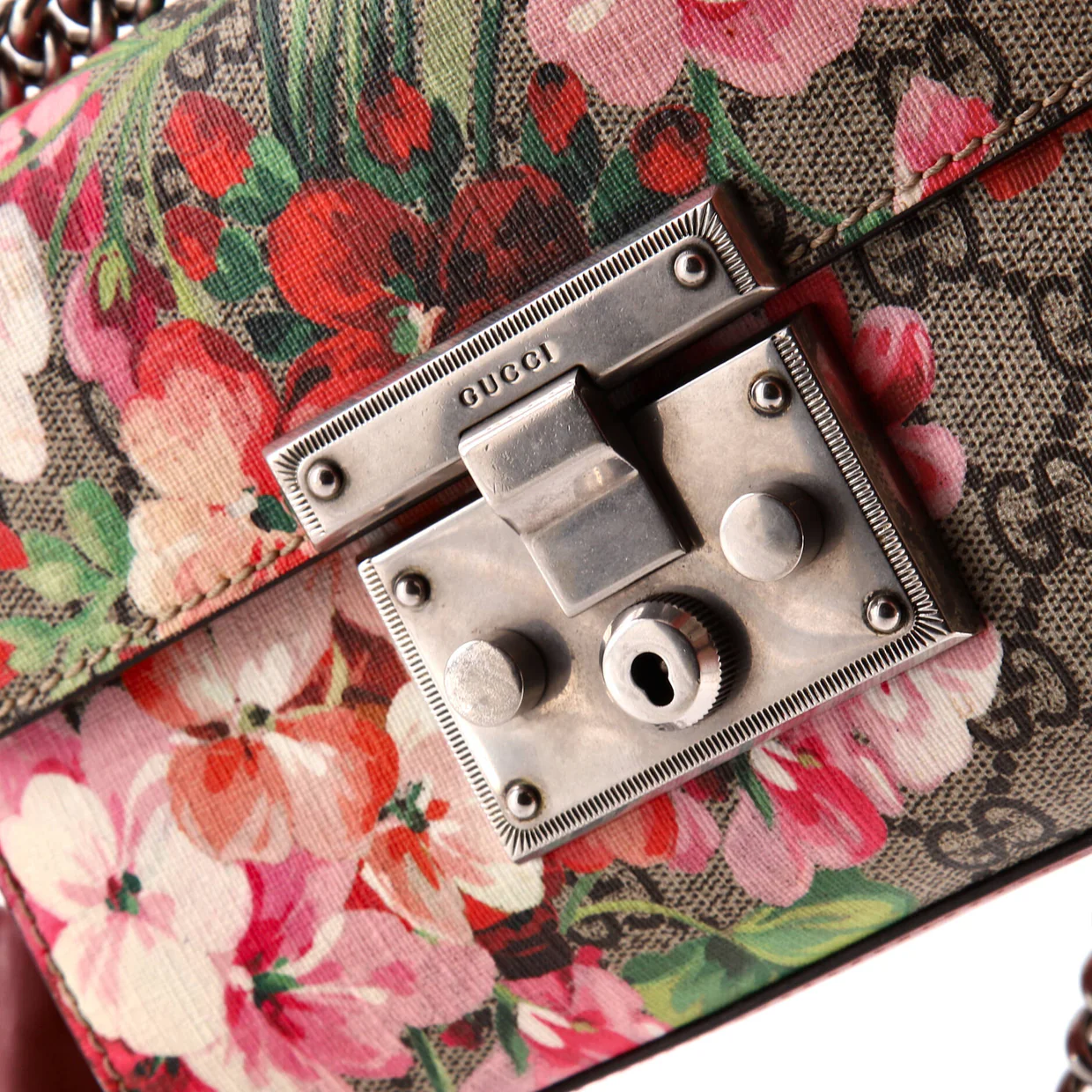Padlock Shoulder Bag Blooms Print GG Coated Canvas Small - Deep Luxury