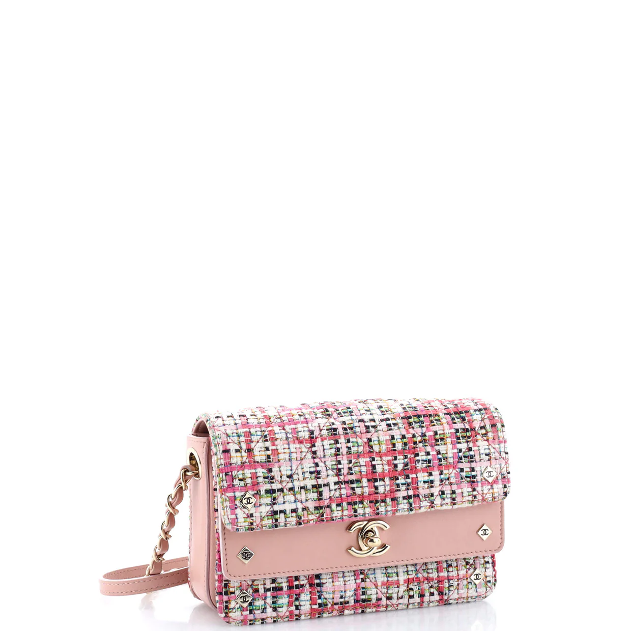 CC Stud Double Flap Bag Quilted Tweed with Leather Small - Deep Luxury