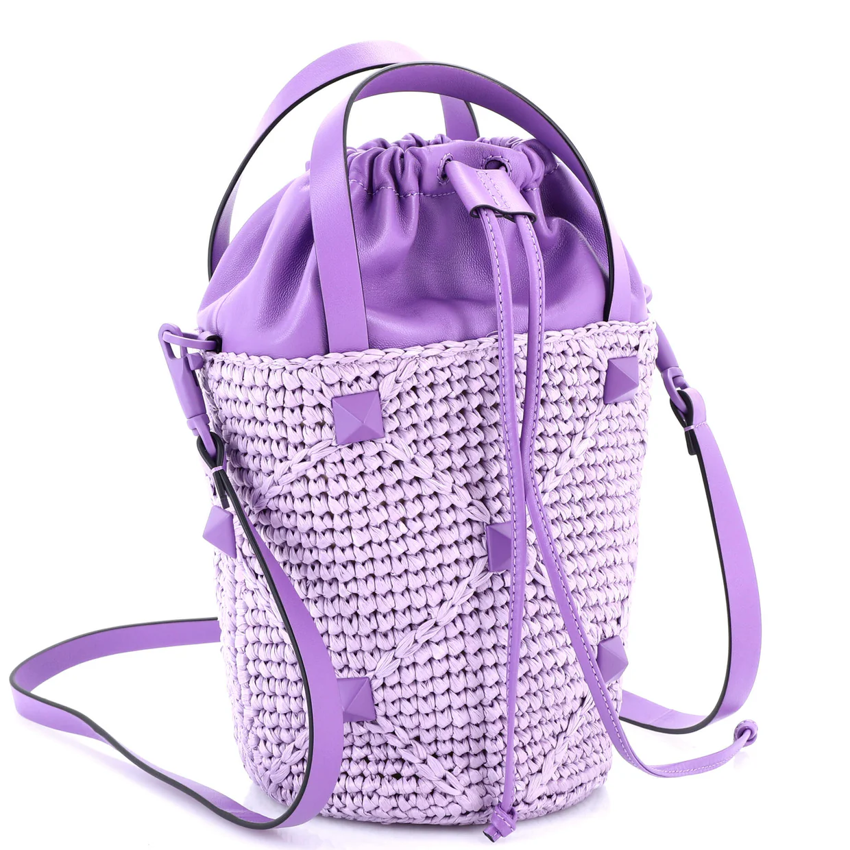 Roman Stud Bucket Bag Raffia and Leather - Deep Luxury