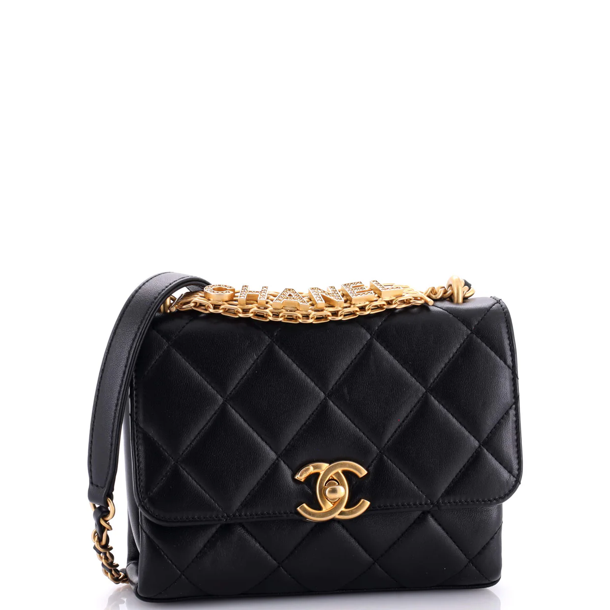 Crystal Logo Letters Chain Handle Flap Bag Quilted Lambskin Mini - Deep Luxury