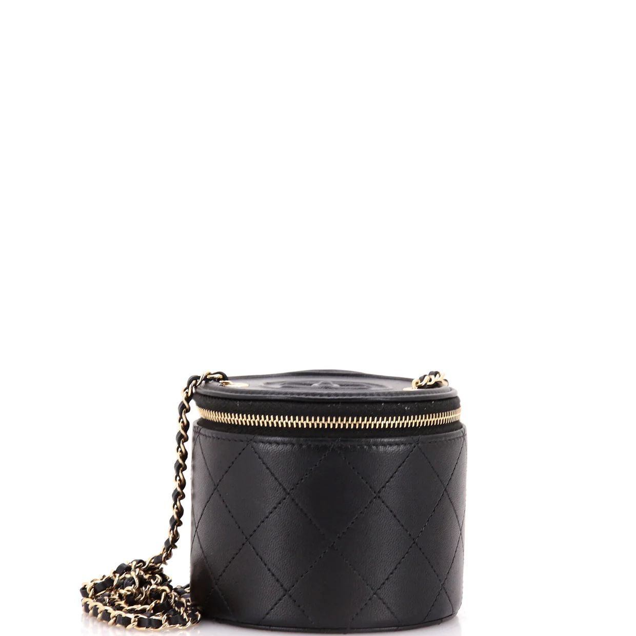 CC Round Vanity Case with Chain Quilted Lambskin Mini - Deep Luxury