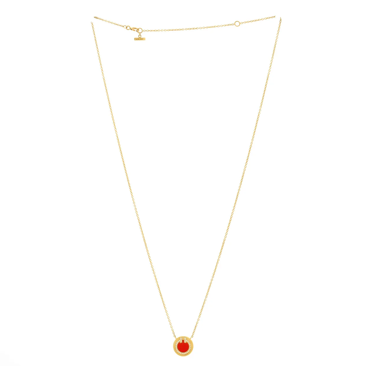 T Circle Pendant Necklace 18K Yellow Gold with Carnelian and Diamonds Small - Deep Luxury