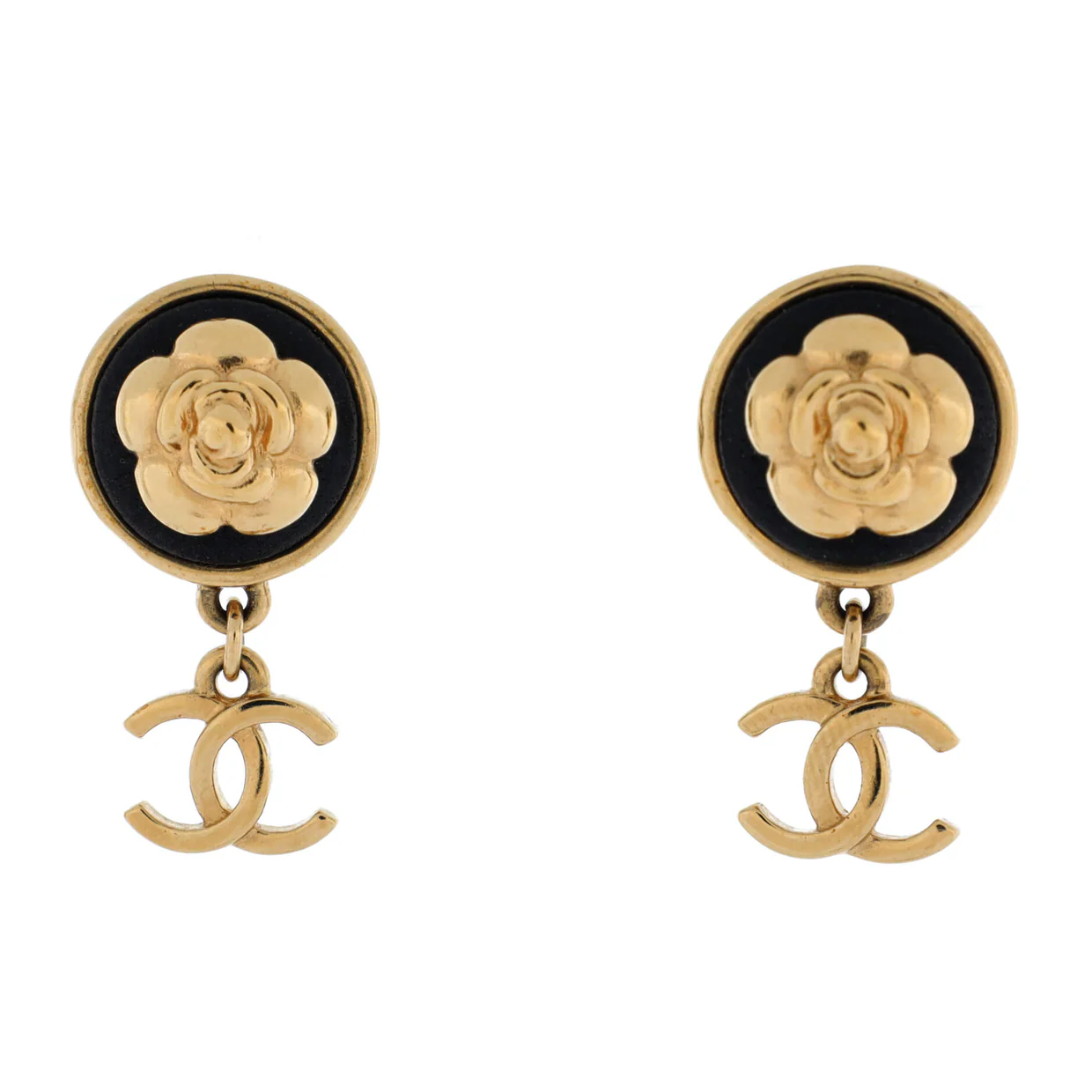 Camellia CC Drop Earrings Metal with Leather - Deep Luxury