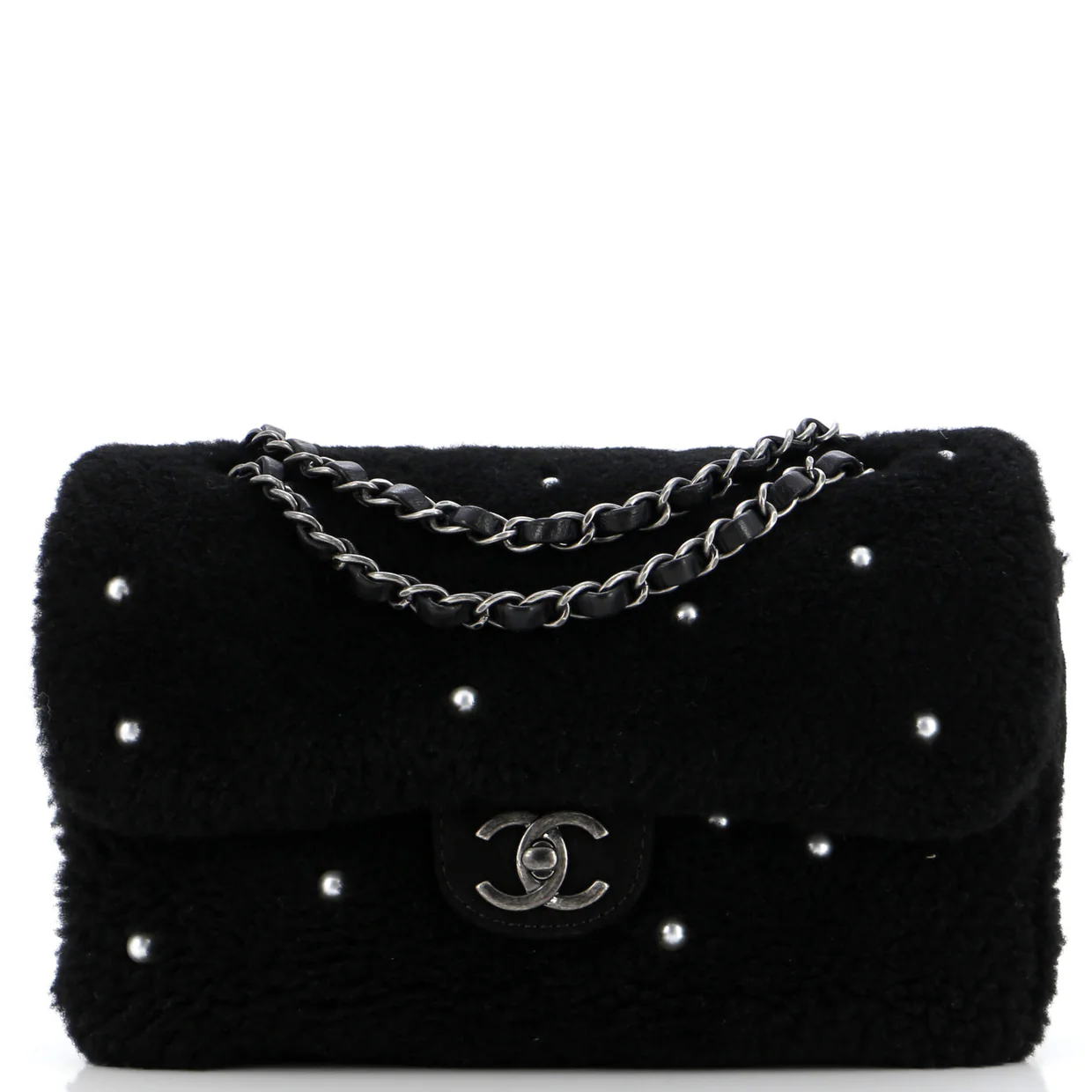 CC Chain Flap Bag Pearl Embellished Shearling Medium - Deep Luxury