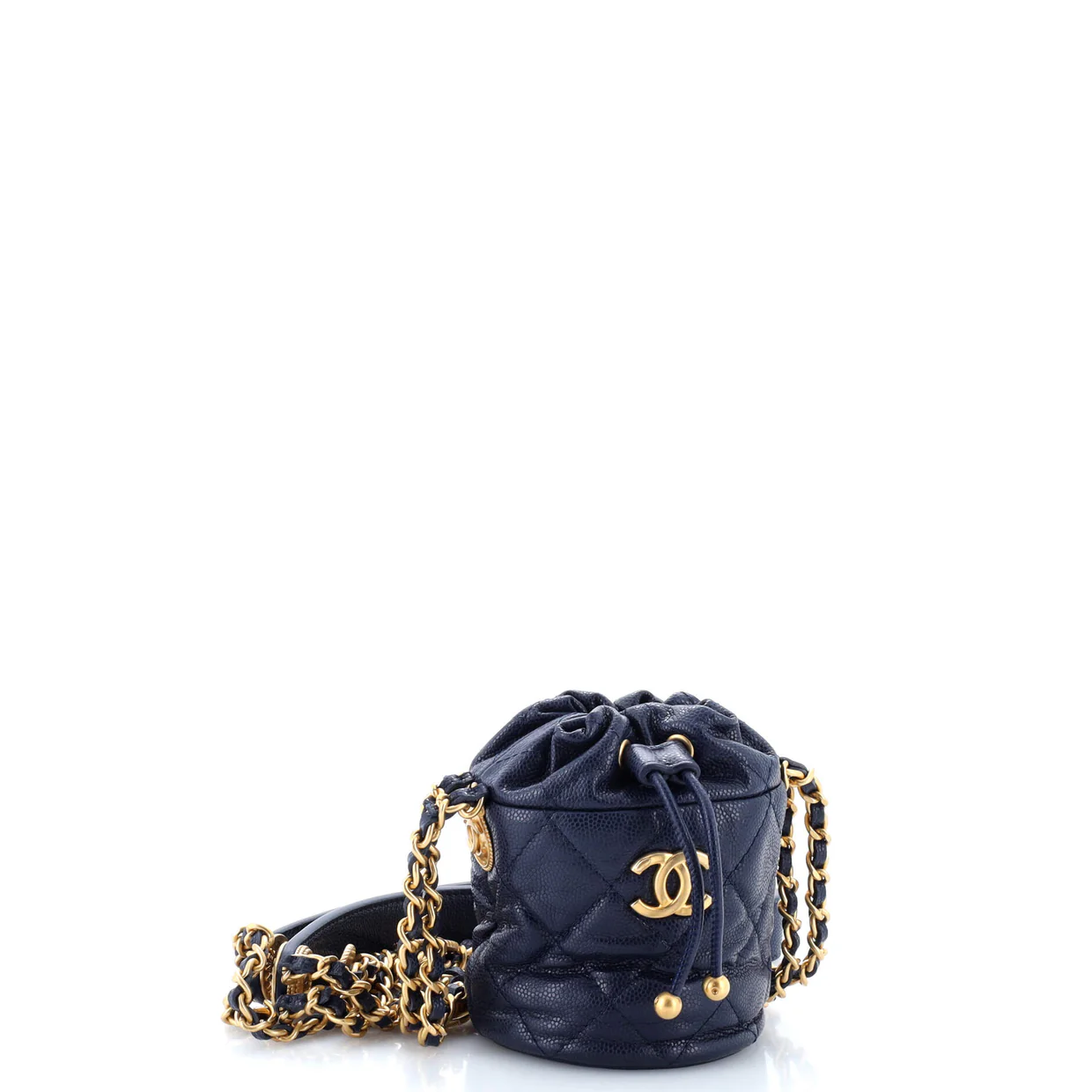 Twist Your Buttons Drawstring Bucket Bag Quilted Caviar Mini - Deep Luxury