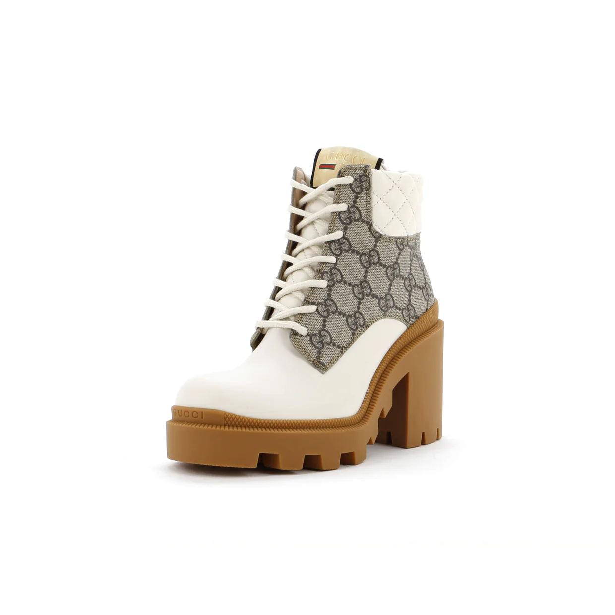 Women's Lace Up Heeled Ankle Boots GG Coated Canvas with Quilted Leather - Deep Luxury