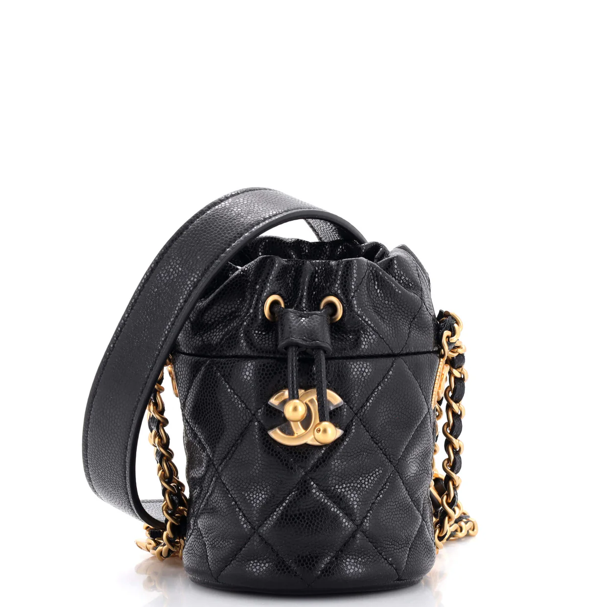 Twist Your Buttons Drawstring Bucket Bag Quilted Caviar Mini - Deep Luxury